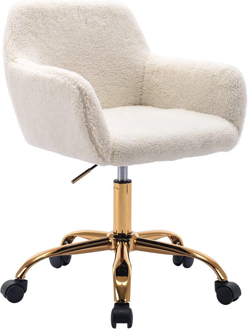 KCC Faux Fur Office Desk Chair, Comfy Swivel Armchair with Wheels, Upholstered Fuzzy Vanity Chair, Adjustable Height, White - Image 1